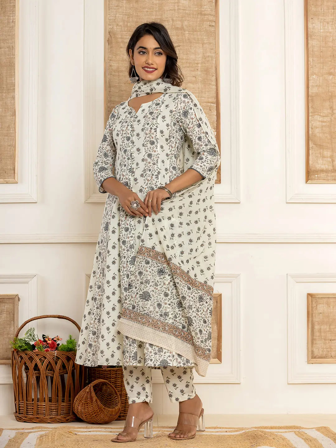 Cotton Cream Anarkali Kurta Dupatta Set