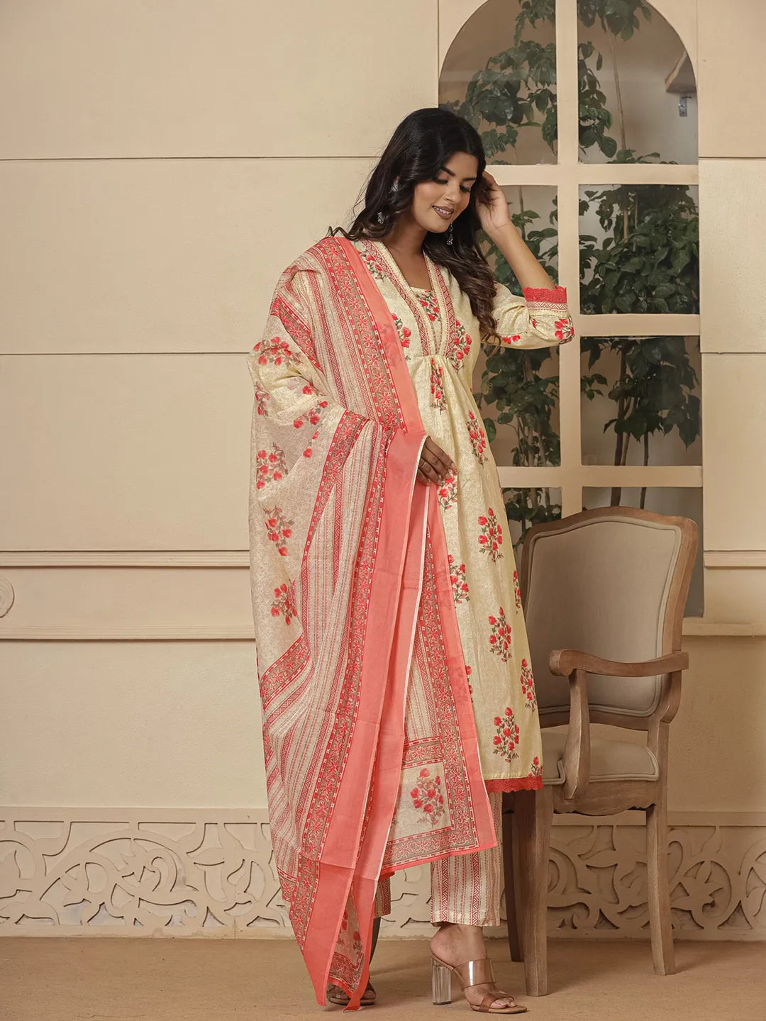 Cotton Cream And Peach Kurta Dupatta Set
