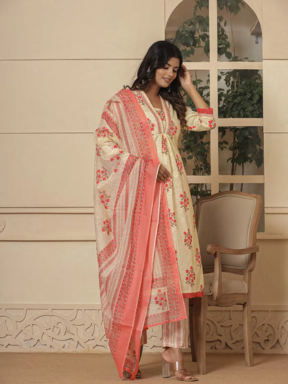 Cotton Cream And Peach Kurta Dupatta Set