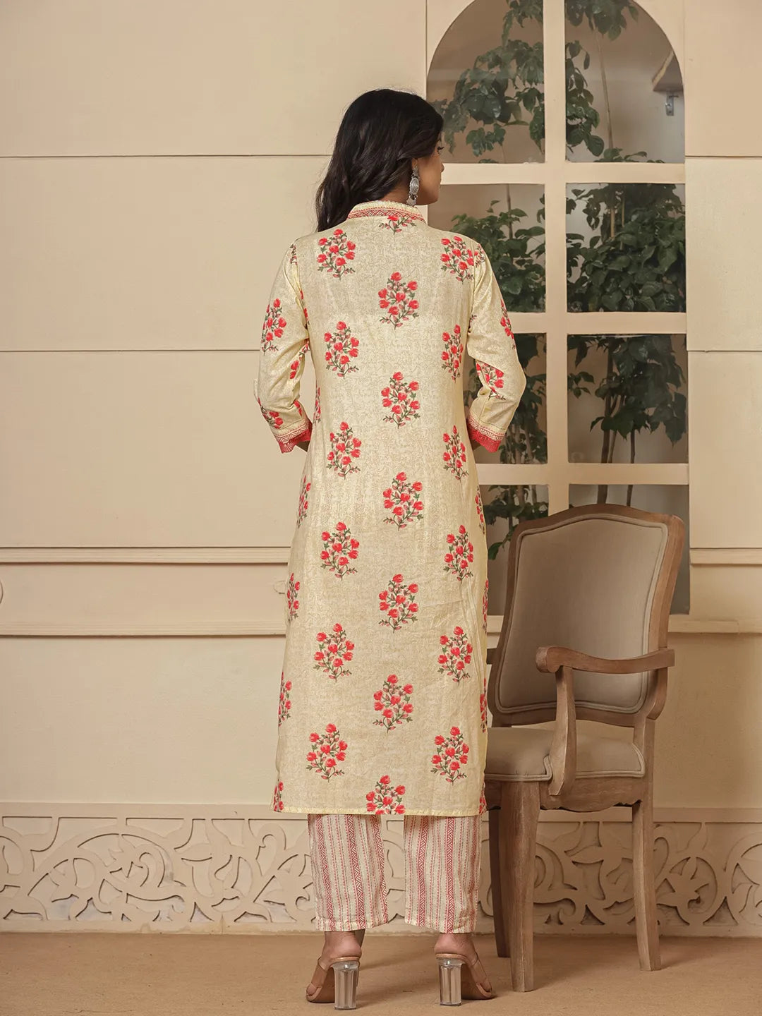 Cotton Cream And Peach Kurta Dupatta Set