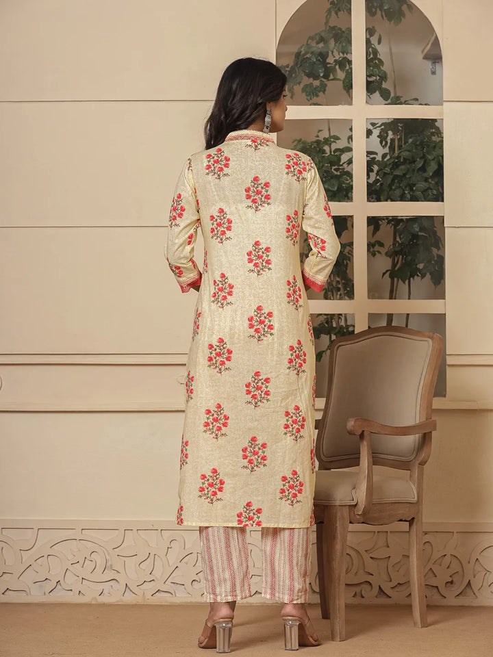 Cotton Cream And Peach Kurta Dupatta Set