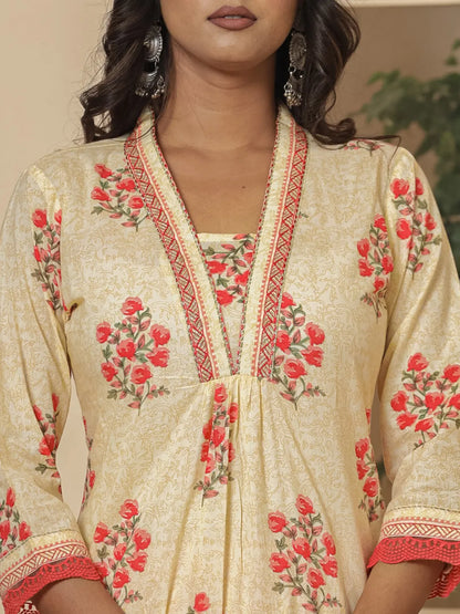 Cotton Cream And Peach Kurta Dupatta Set