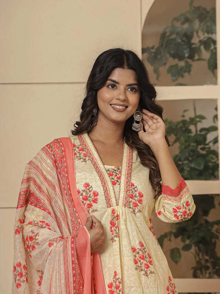 Cotton Cream And Peach Kurta Dupatta Set