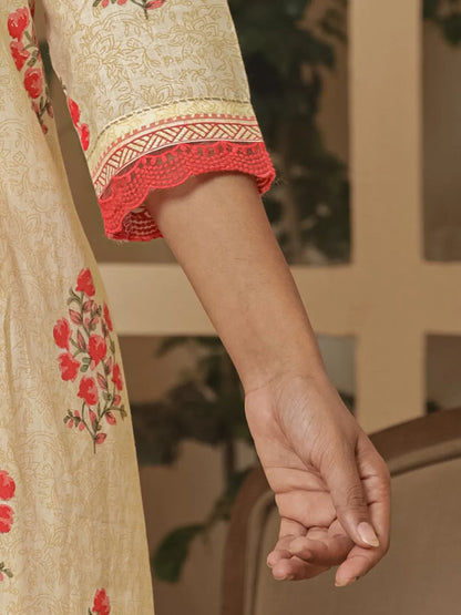 Cotton Cream And Peach Kurta Dupatta Set