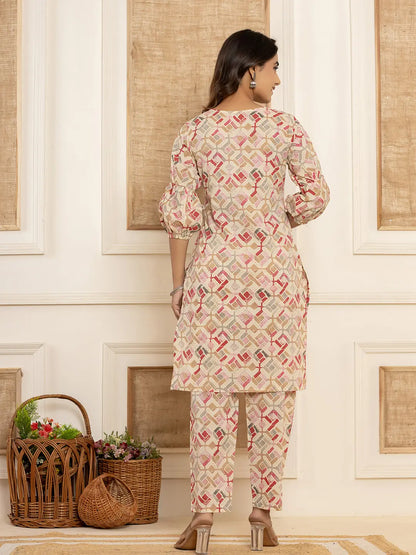 Cotton Cream Geometric Prin Co Ord Set