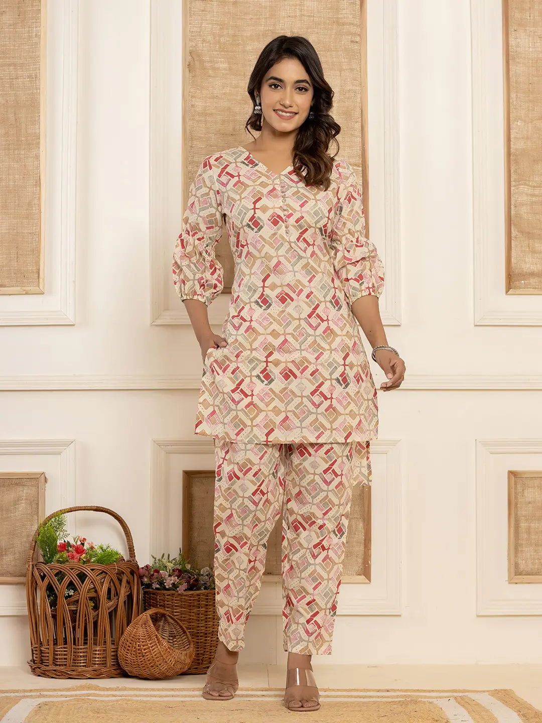 Cotton Cream Geometric Prin Co Ord Set