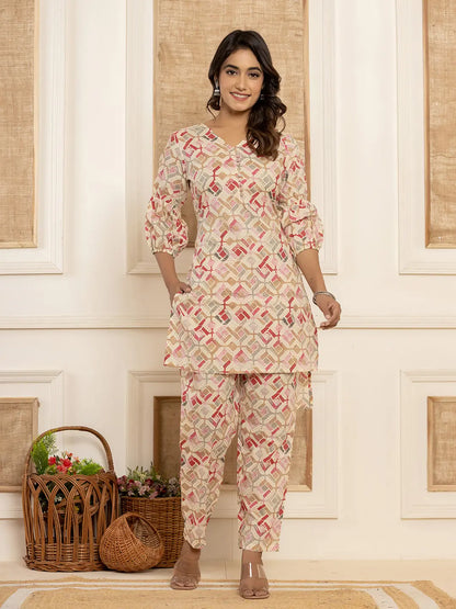 Cotton Cream Geometric Prin Co Ord Set