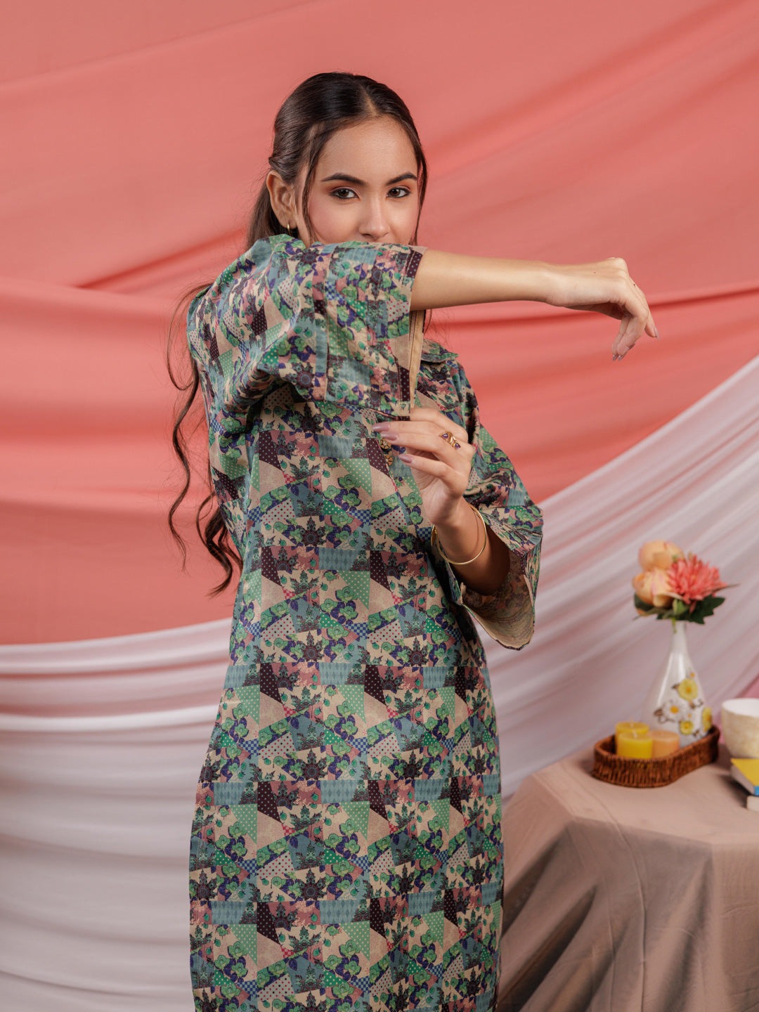 Cotton Digital Printed Blue Workwear Kurta Co Ord Set With Pintuck Detailing