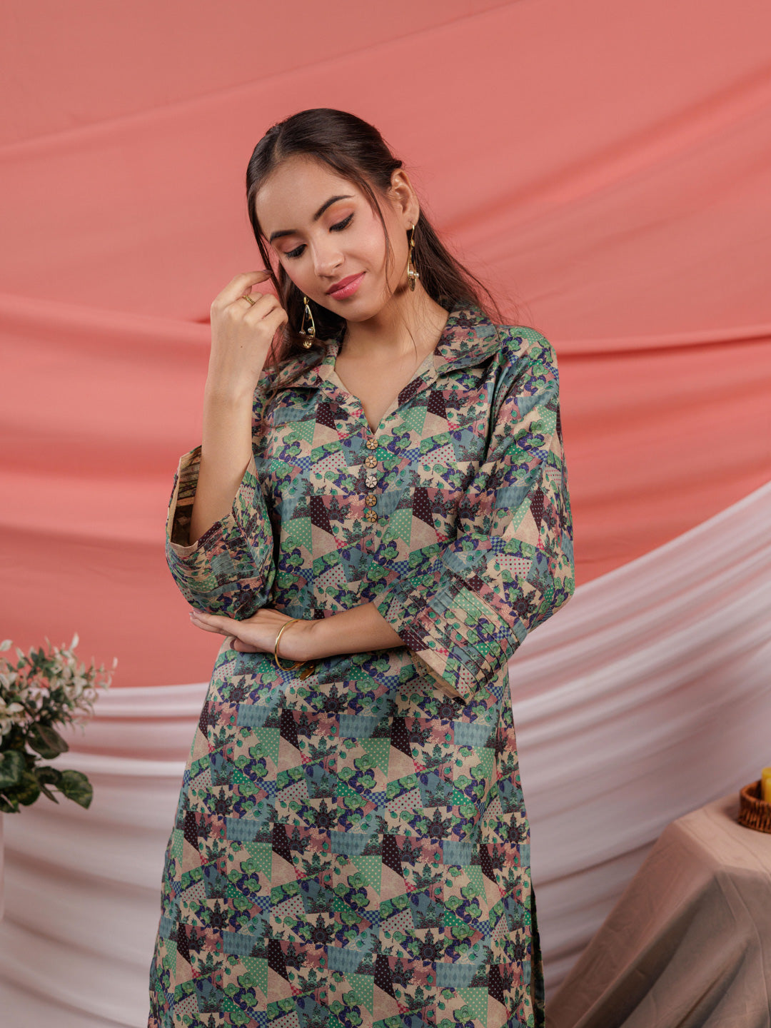 Cotton Digital Printed Blue Workwear Kurta Co Ord Set With Pintuck Detailing