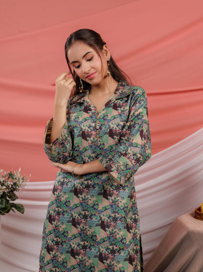 Cotton Digital Printed Blue Workwear Kurta Co Ord Set With Pintuck Detailing