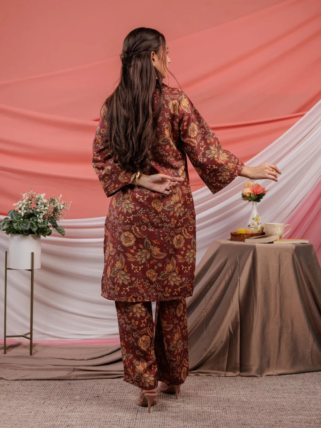 Cotton Digital Printed Maroon Workwear Co Ord Set With Pintuck Detailing On Sleeves