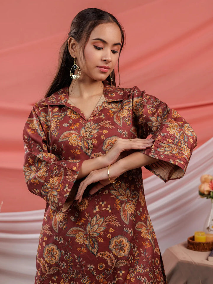 Cotton Digital Printed Maroon Workwear Co Ord Set With Pintuck Detailing On Sleeves