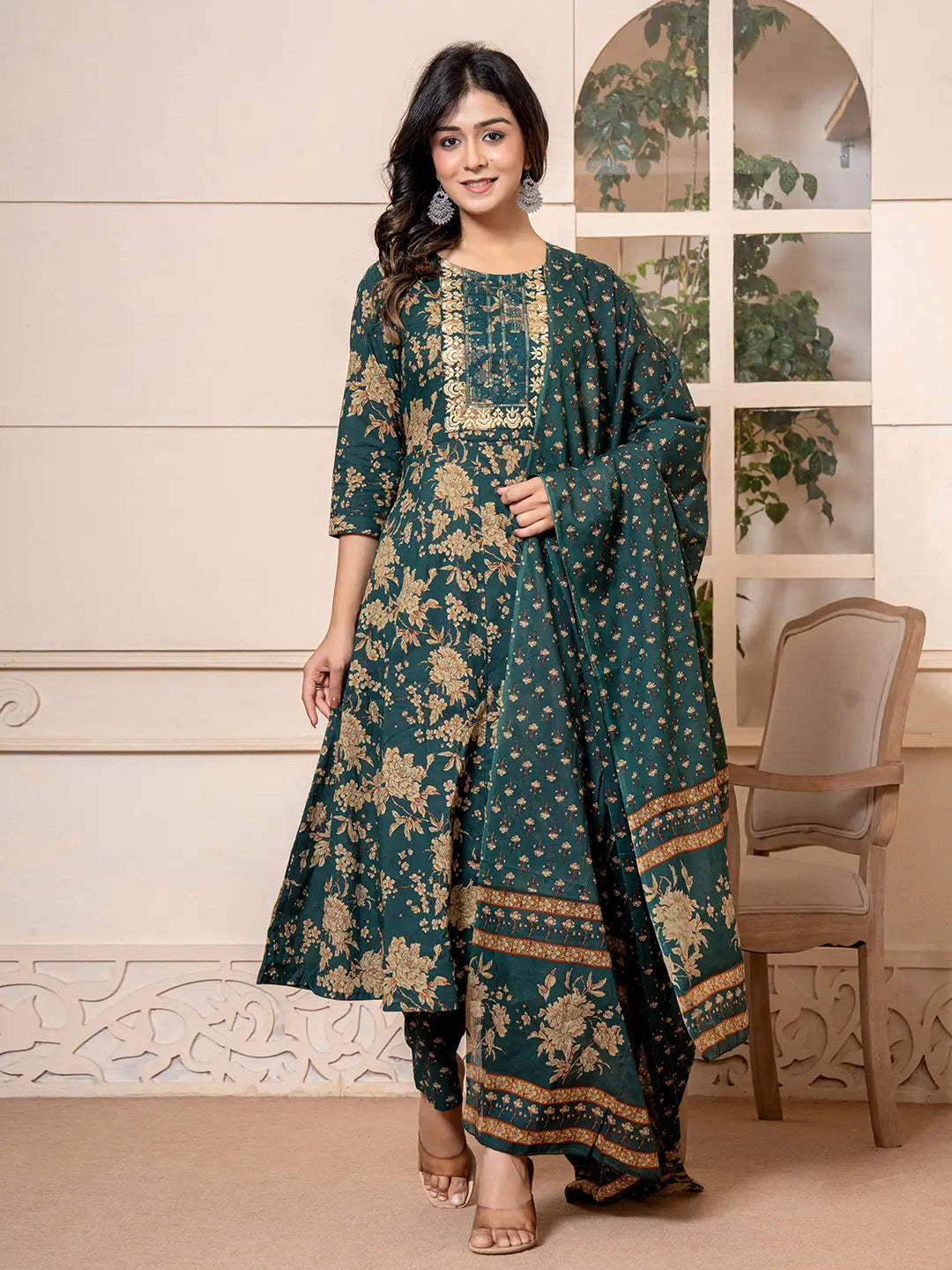 Cotton Green Anarkali Dupatta Set