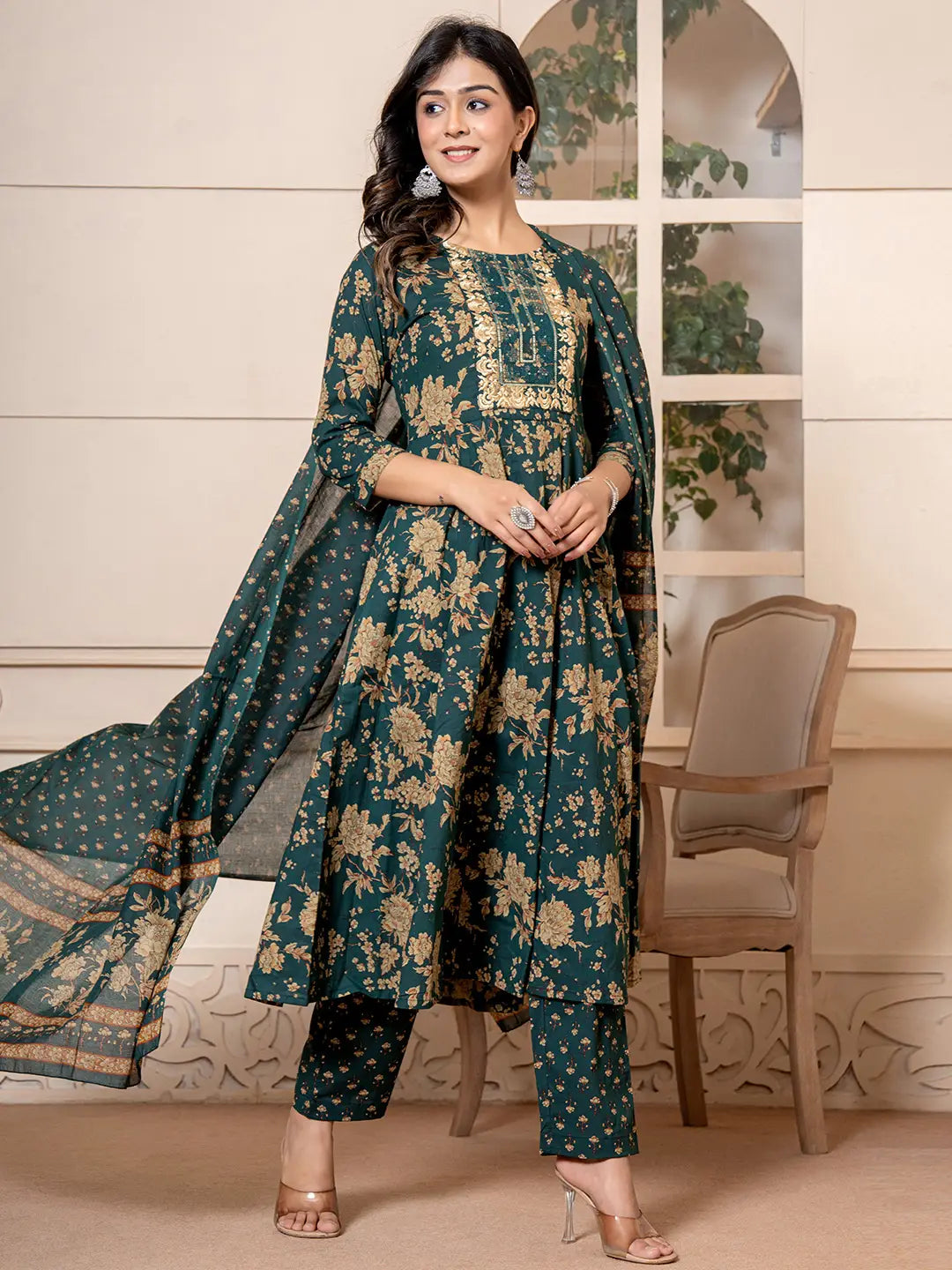 Cotton Green Anarkali Dupatta Set