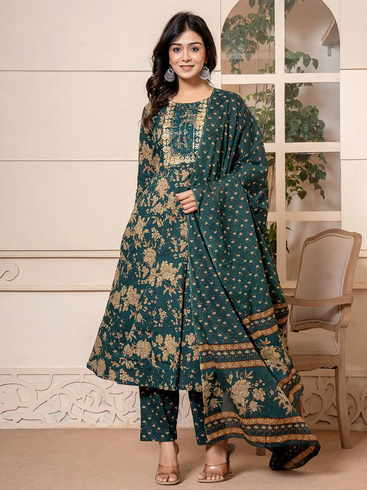 Cotton Green Anarkali Dupatta Set