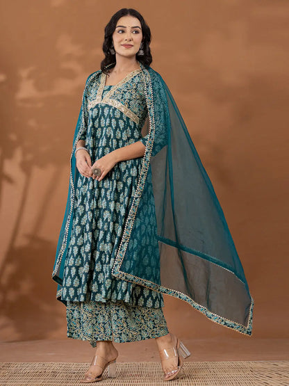Cotton Green Anarkali Ethnic Motifs Kurta Dupatta Set