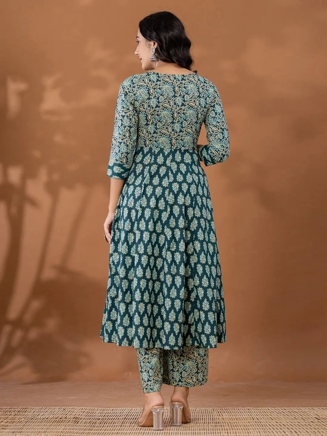 Cotton Green Anarkali Ethnic Motifs Kurta Dupatta Set