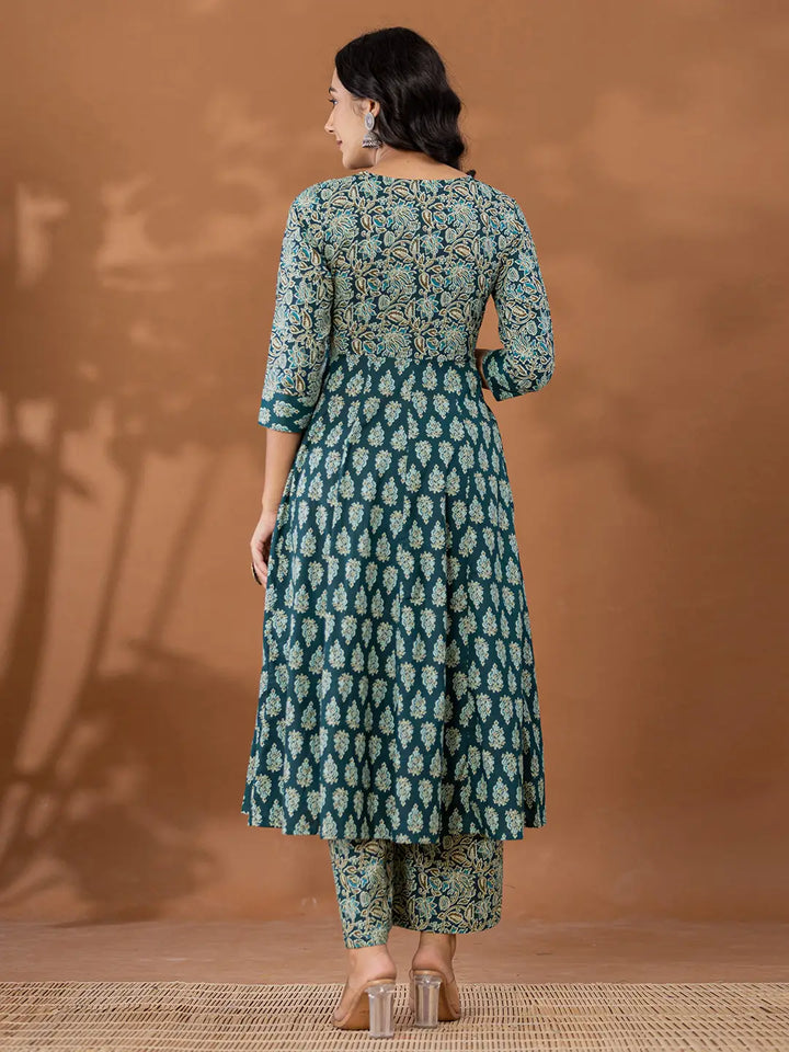 Cotton Green Anarkali Ethnic Motifs Kurta Dupatta Set