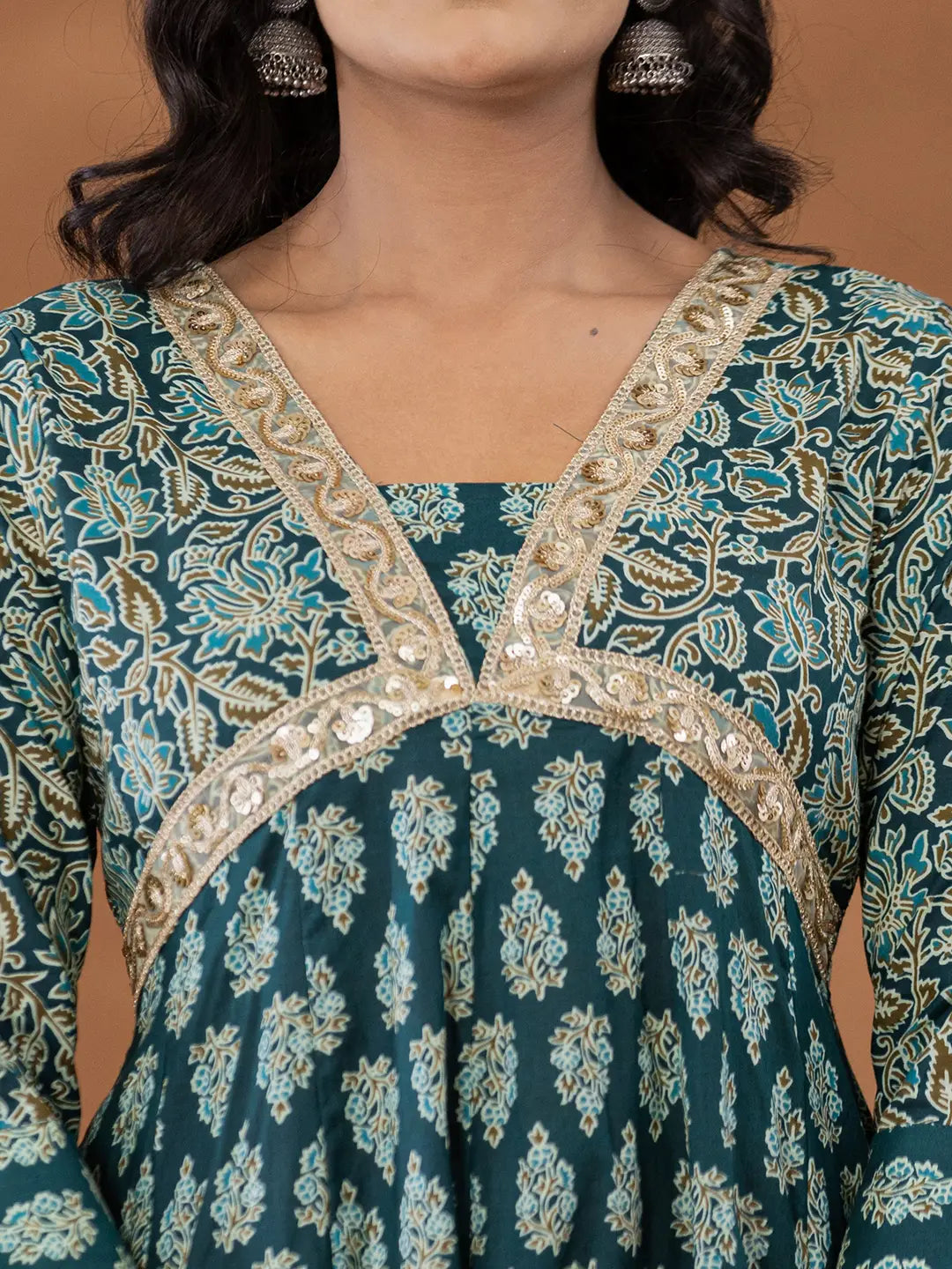 Cotton Green Anarkali Ethnic Motifs Kurta Dupatta Set