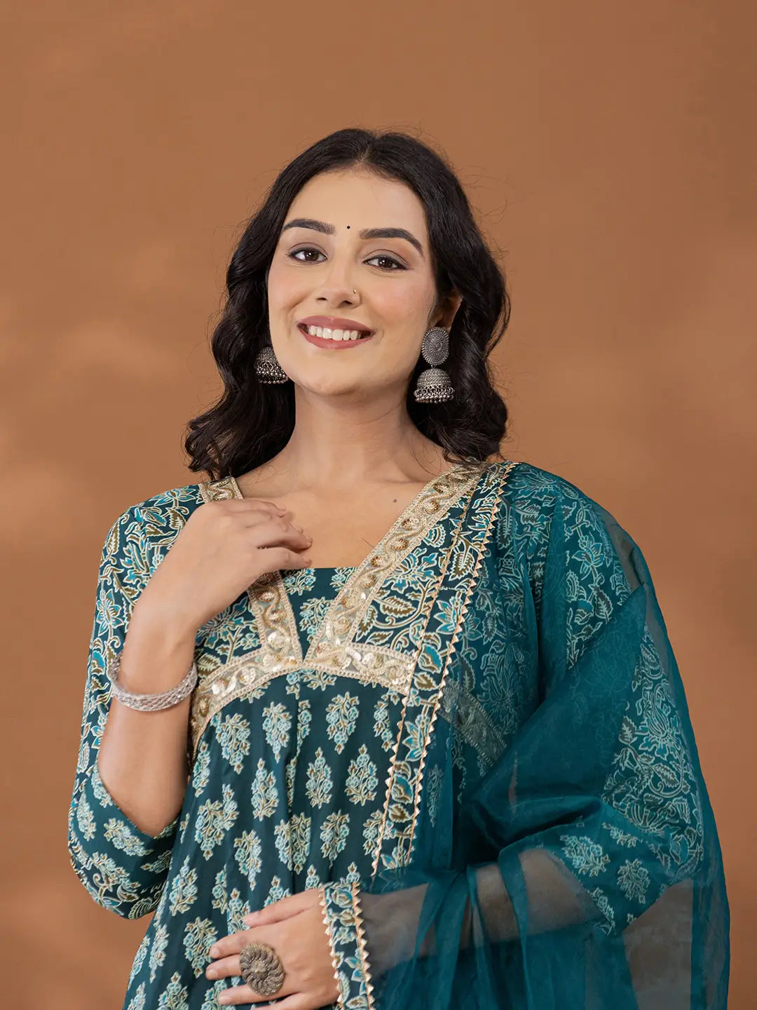 Cotton Green Anarkali Ethnic Motifs Kurta Dupatta Set