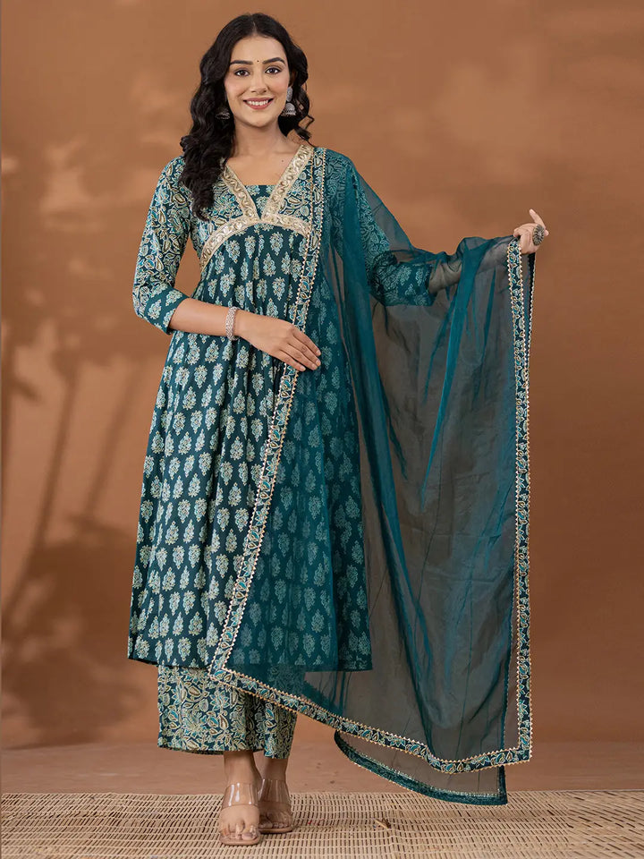 Cotton Green Anarkali Ethnic Motifs Kurta Dupatta Set