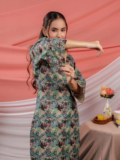 Cotton Green Digital Print Workwear Kurta Co Ord Set With Pintuck Detailing On Sleeves