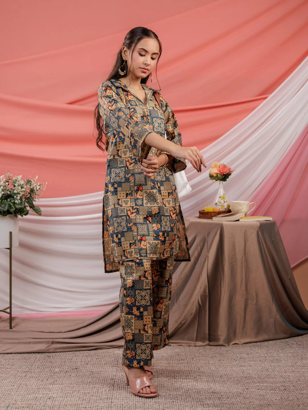 Cotton Green Digital Printed Workwear Co Ord Set With Pintuck Detailing On Sleeves