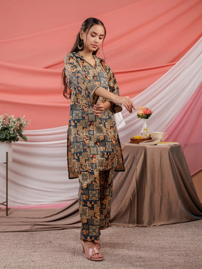 Cotton Green Digital Printed Workwear Co Ord Set With Pintuck Detailing On Sleeves