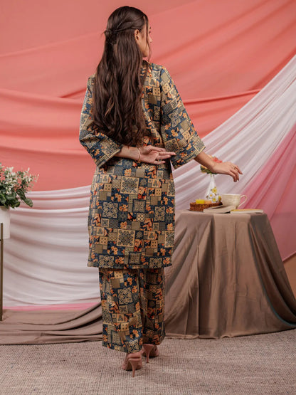 Cotton Green Digital Printed Workwear Co Ord Set With Pintuck Detailing On Sleeves