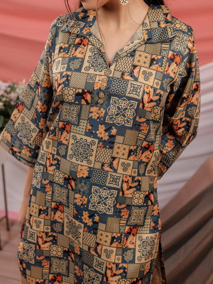 Cotton Green Digital Printed Workwear Co Ord Set With Pintuck Detailing On Sleeves