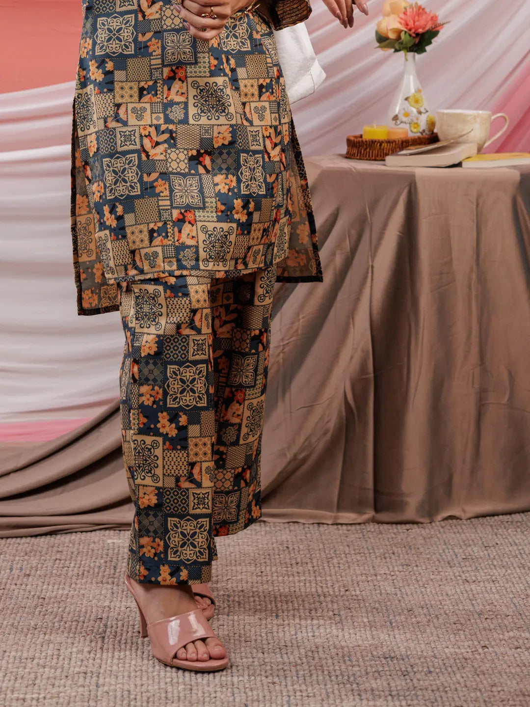 Cotton Green Digital Printed Workwear Co Ord Set With Pintuck Detailing On Sleeves