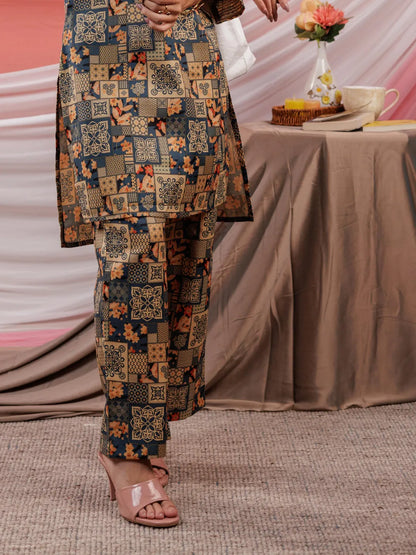 Cotton Green Digital Printed Workwear Co Ord Set With Pintuck Detailing On Sleeves