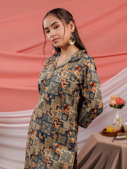 Cotton Green Digital Printed Workwear Co Ord Set With Pintuck Detailing On Sleeves