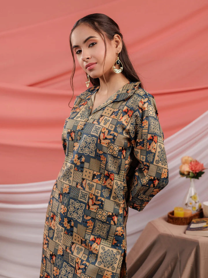 Cotton Green Digital Printed Workwear Co Ord Set With Pintuck Detailing On Sleeves