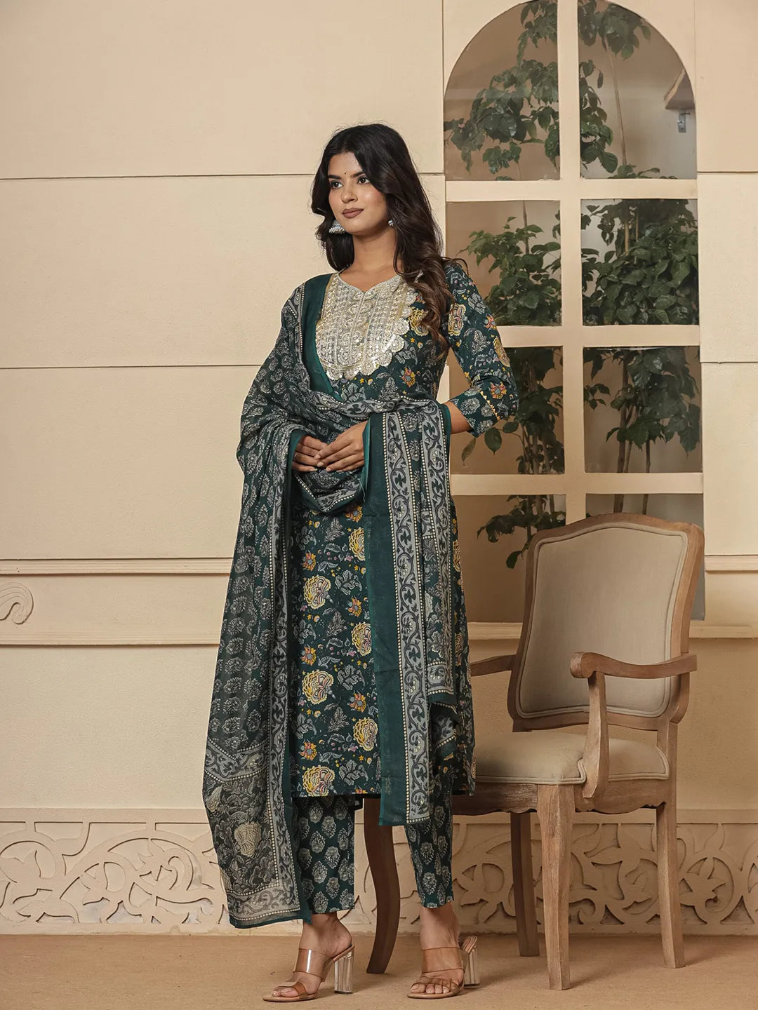 Cotton Green Embroidered Festive Wear Kurta Dupatta Set