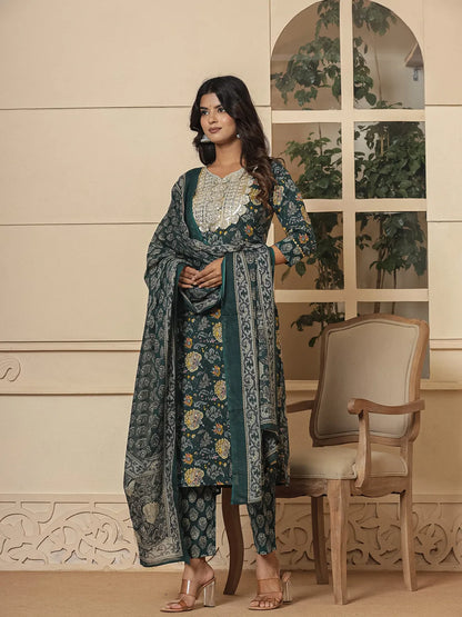 Cotton Green Embroidered Festive Wear Kurta Dupatta Set