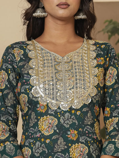 Cotton Green Embroidered Festive Wear Kurta Dupatta Set