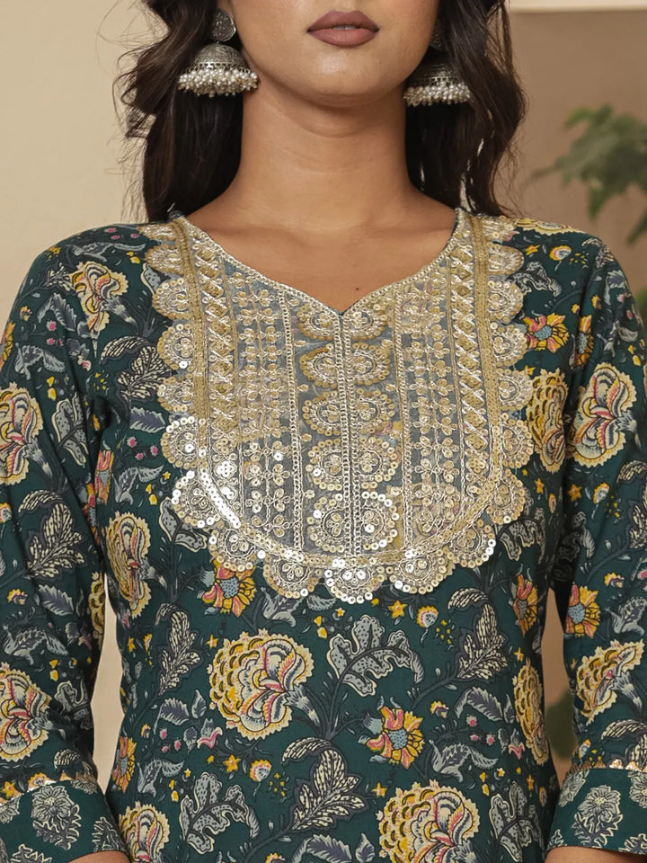 Cotton Green Embroidered Festive Wear Kurta Dupatta Set