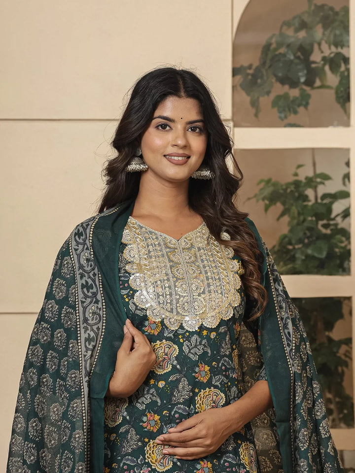 Cotton Green Embroidered Festive Wear Kurta Dupatta Set