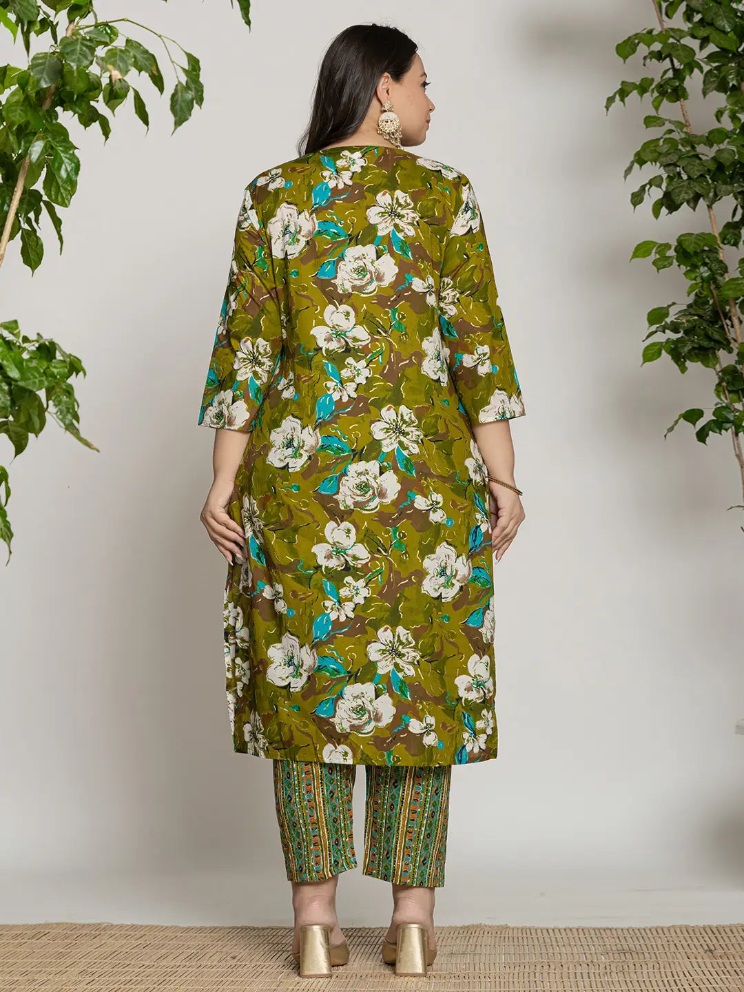 Cotton Green Embroidered Plus Size Kurta Dupatta Set