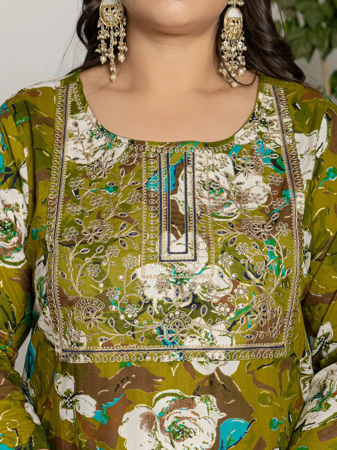 Cotton Green Embroidered Plus Size Kurta Dupatta Set