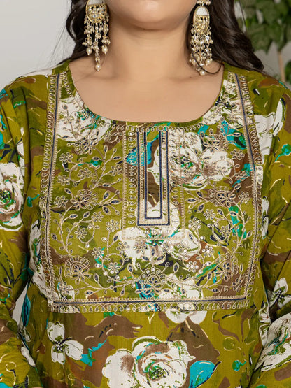 Cotton Green Embroidered Plus Size Kurta Dupatta Set
