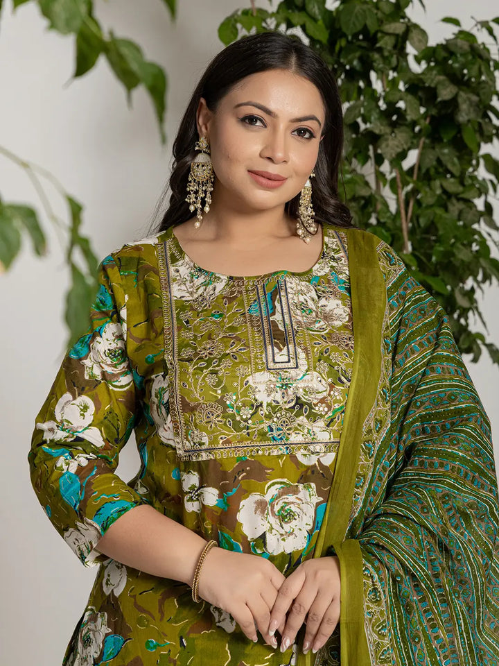 Cotton Green Embroidered Plus Size Kurta Dupatta Set