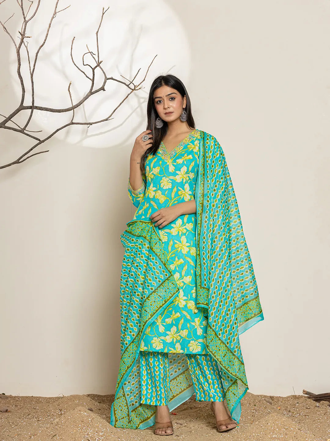 Cotton Green Embroidered Regular Kurta Dupatta Pant Set