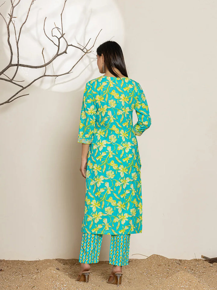 Cotton Green Embroidered Regular Kurta Dupatta Pant Set