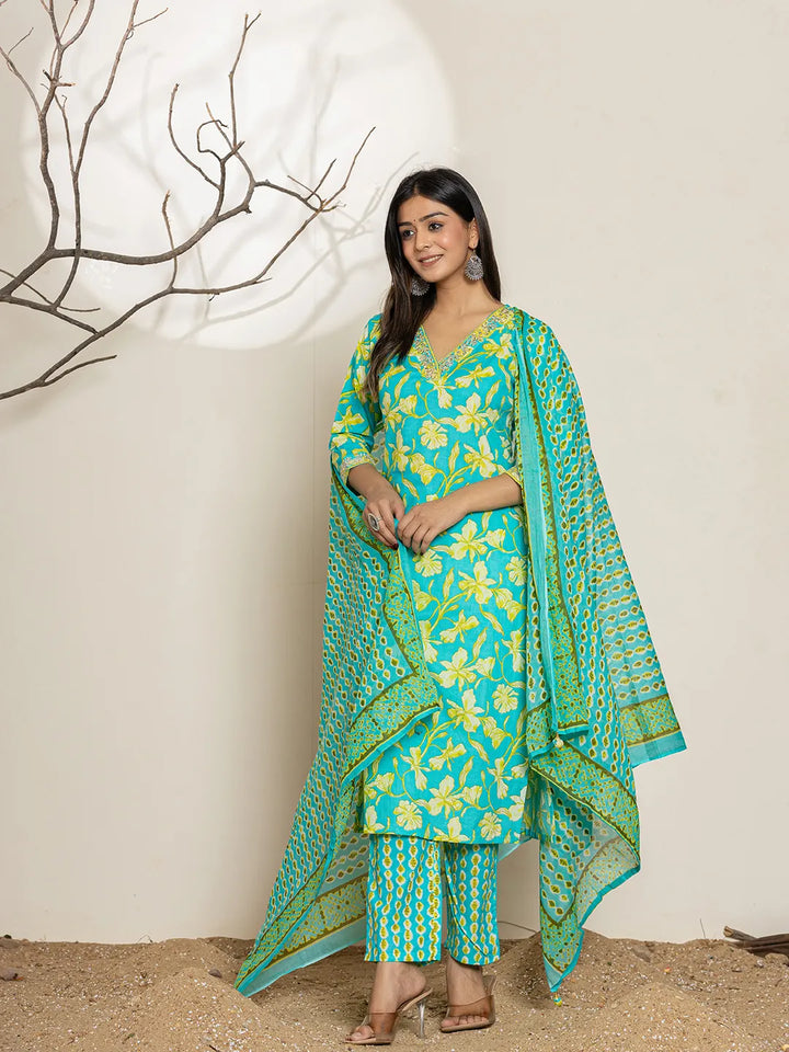 Cotton Green Embroidered Regular Kurta Dupatta Pant Set