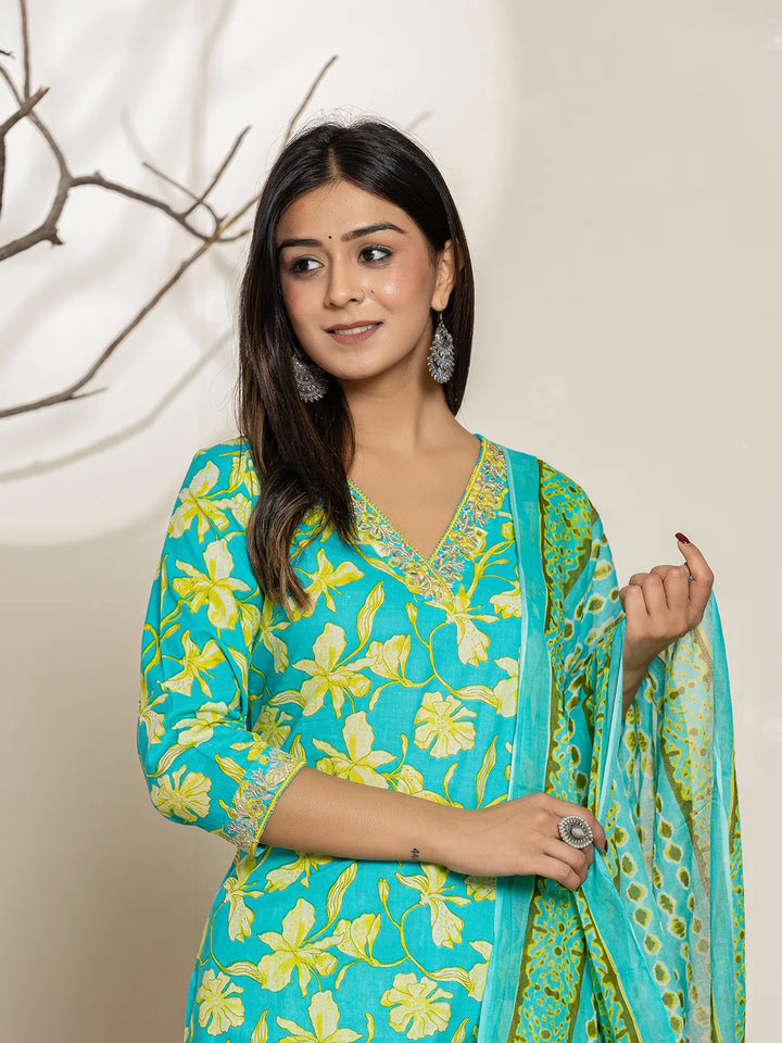 Cotton Green Embroidered Regular Kurta Dupatta Pant Set