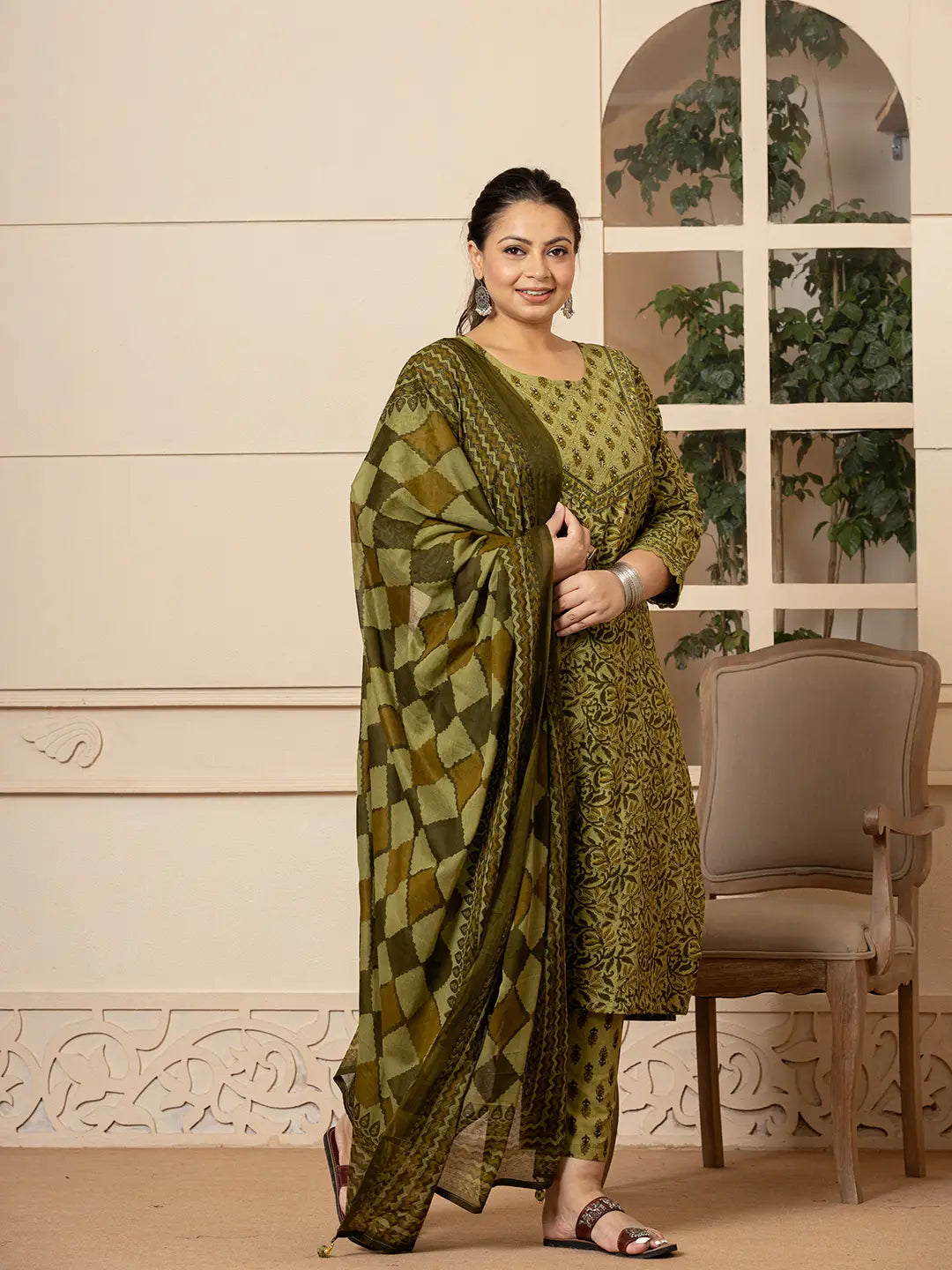 Cotton Kantha Work Plus Size Kurta Dupatta Pant Set