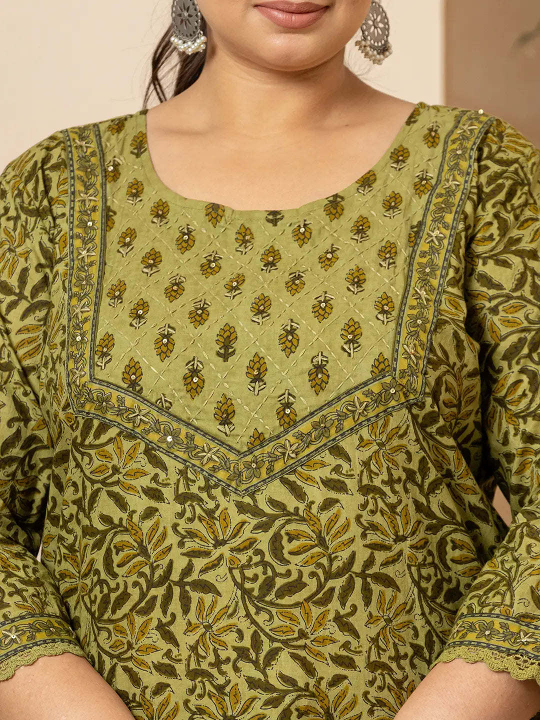 Cotton Kantha Work Plus Size Kurta Dupatta Pant Set