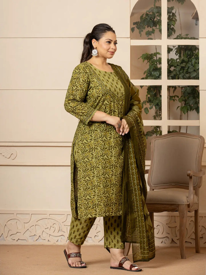 Cotton Kantha Work Plus Size Kurta Dupatta Pant Set